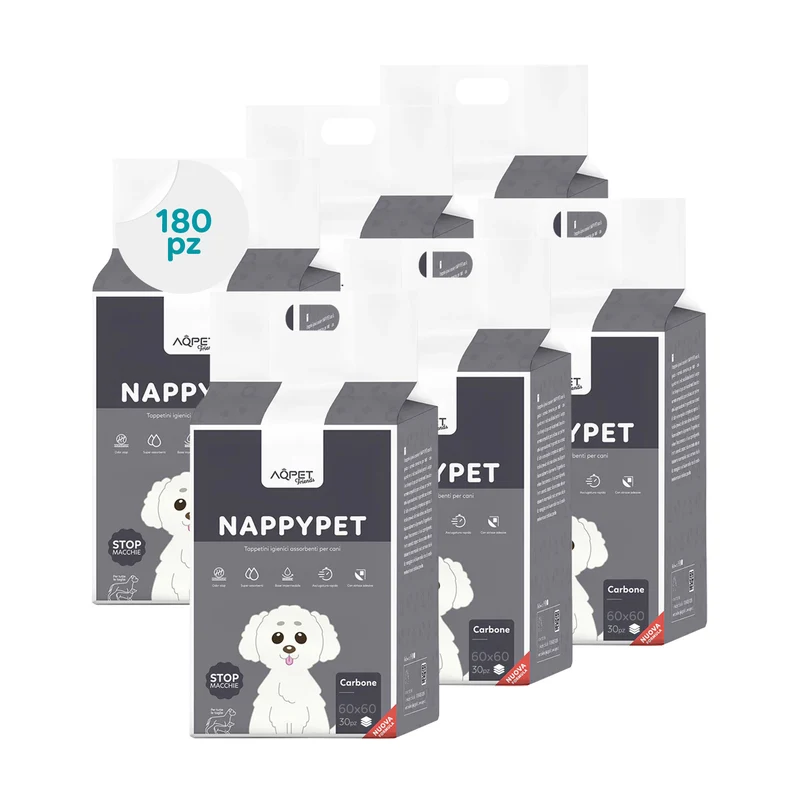 AqpetFriends Nappy Pet Carbo Tappetino Assorbente Con Strisce Adesive Al Carbone Attivo 180 pz