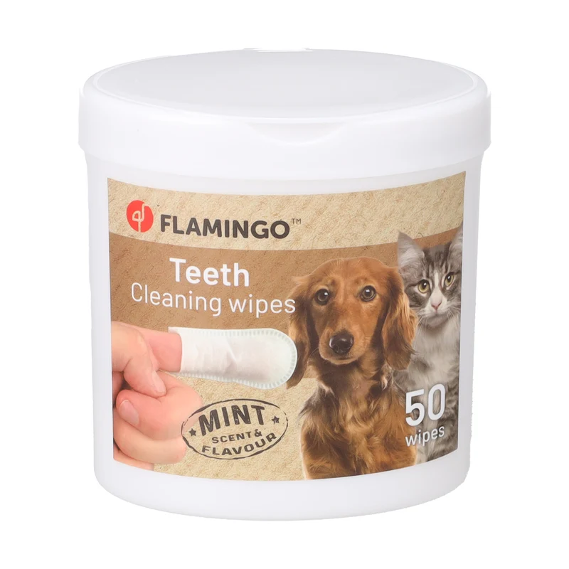 Flamingo Salviettina detergente reini dito per la cura dei denti di cane e gatto gusto menta