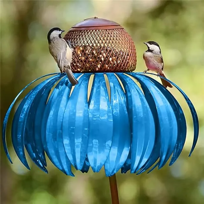 Mangiatoia per Uccelli in Metallo Design Girasole con Petali Rosa