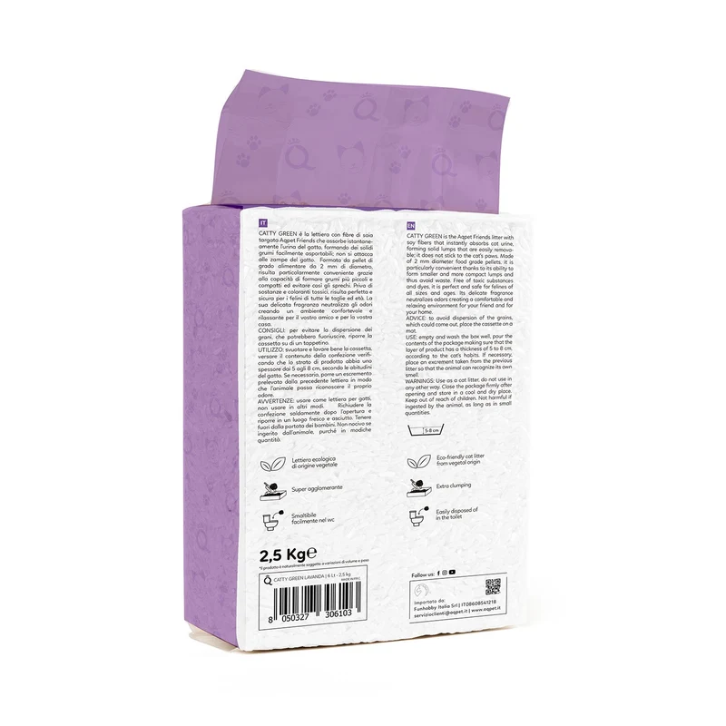 AqpetFriends Catty Green Lettiera Naturale per Gatti Alla Soia Fragranza Alla Lavanda 6 L