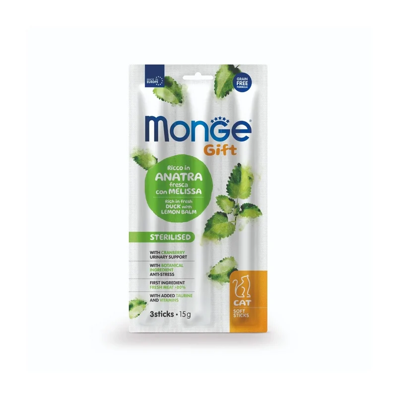 Monge Gift Sterilised Cat Ricco in Anatra Fresca con Melissa e Mirtilli Rossi Soft Sticks Per Gatti Adulti Sterilizzati 15g