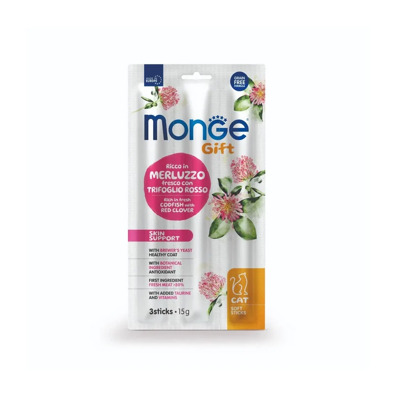 Monge Gift Skin Support Cat Ricco in Merluzzo Fresco con Trifoglio Rosso Soft Sticks Per Gatti Adulti 15g
