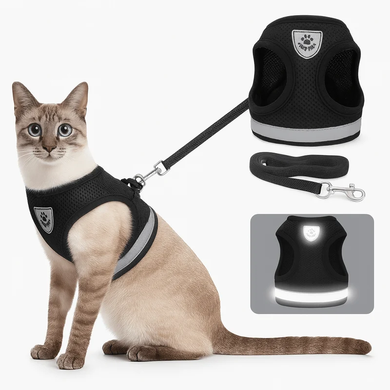 Pettorina Regolabile per Gatti Traspirante e Luminescente con Guinzaglio