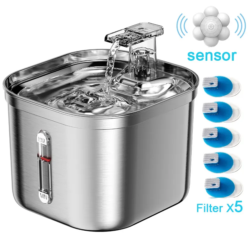 Stainless Steel Cat Fountain With Water Mark Automatic Cats Water Dispenser Sensor Filter Pet Cat Ultra Quiet Pump Water Foutain