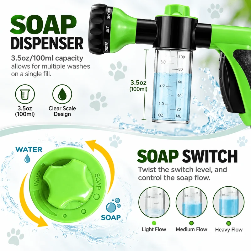 8-in-1 Dog Washing Hose Attachment with Soap Dispenser