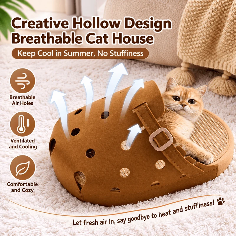 Clog-Shaped Cat Bed – Felt Cat Cave with Jute Scratching Mat