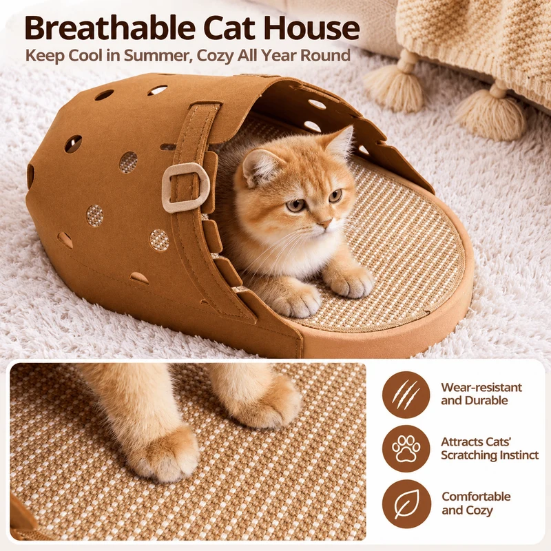 Clog-Shaped Cat Bed – Felt Cat Cave with Jute Scratching Mat