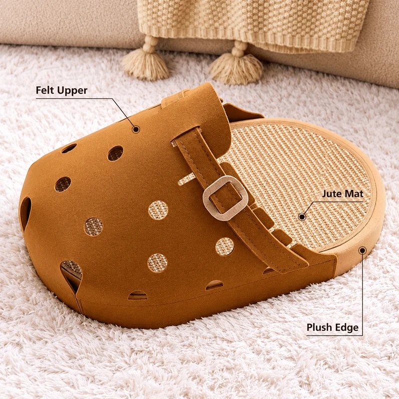 Clog-Shaped Cat Bed – Felt Cat Cave with Jute Scratching Mat