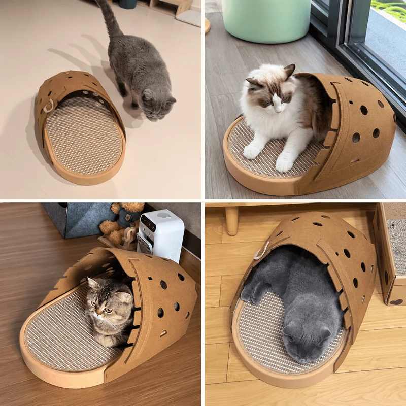 Clog-Shaped Cat Bed – Felt Cat Cave with Jute Scratching Mat