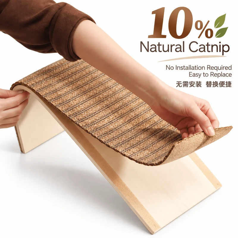 Natural Cork Cat Scratcher Ramp – Replaceable Pad with Catnip