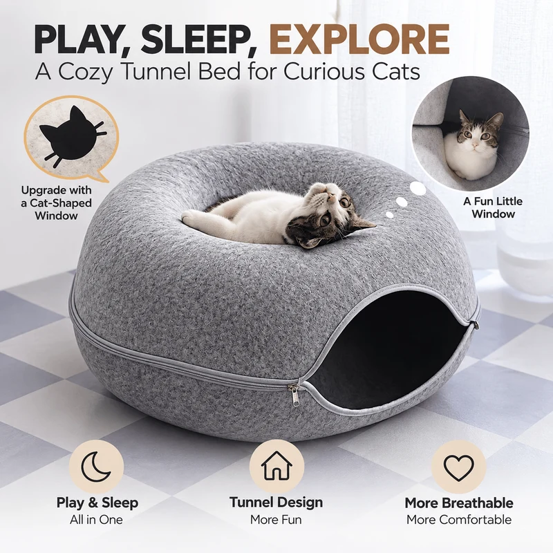 Donut Cat Tunnel Bed – 2-in-1 Felt Cat Cave & Lounge
