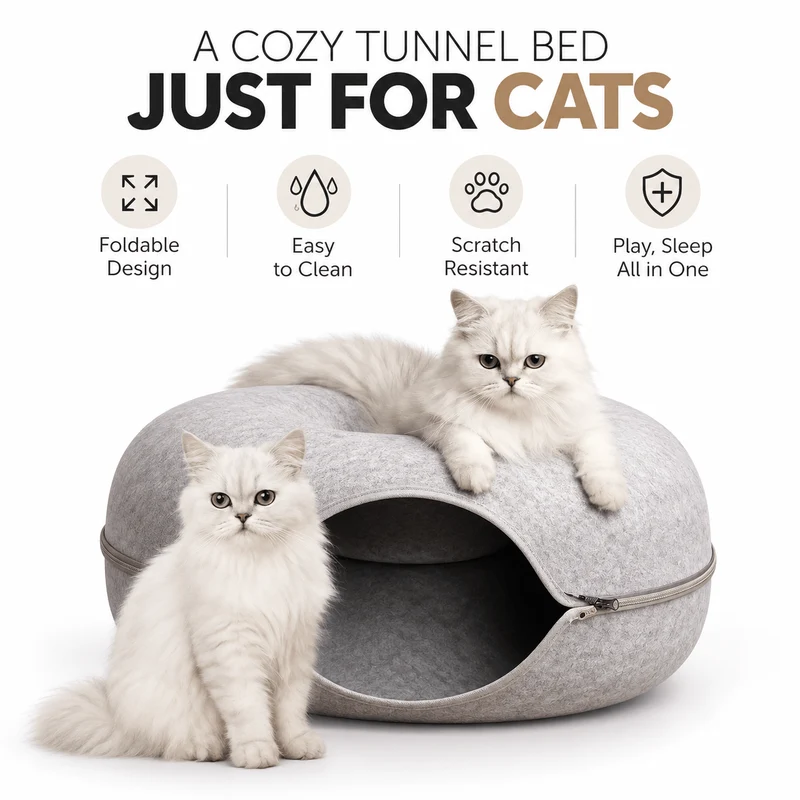 Donut Cat Tunnel Bed – 2-in-1 Felt Cat Cave & Lounge