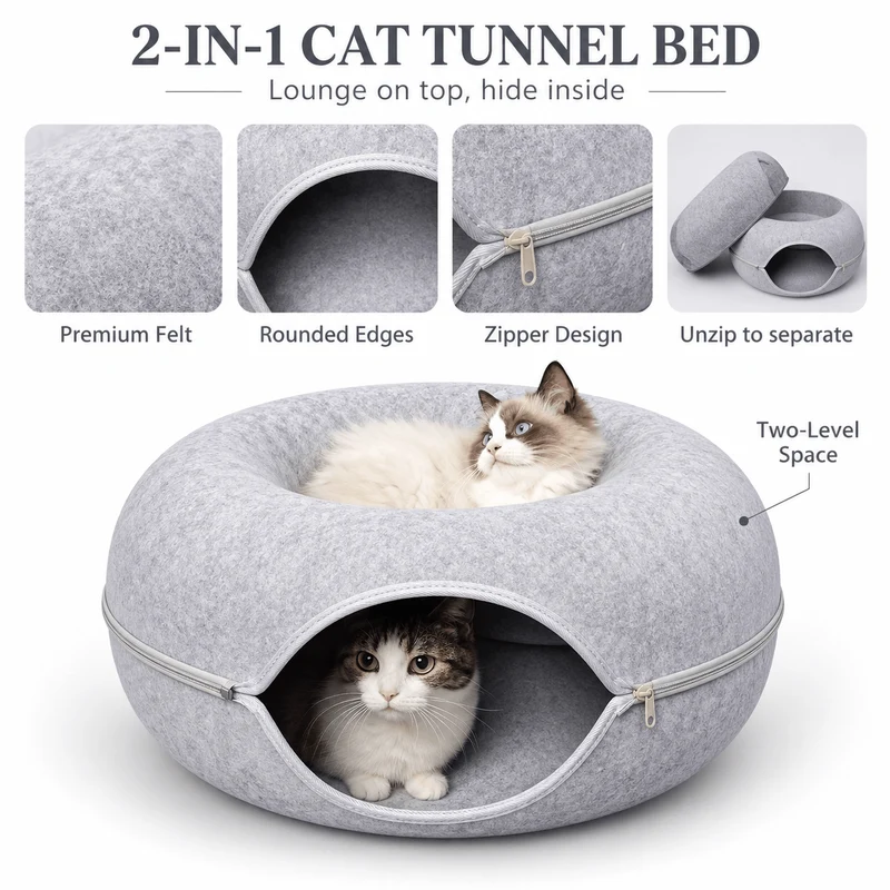 Donut Cat Tunnel Bed – 2-in-1 Felt Cat Cave & Lounge