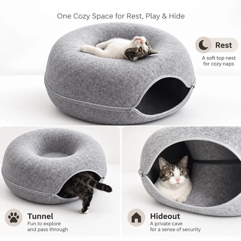 Donut Cat Tunnel Bed – 2-in-1 Felt Cat Cave & Lounge