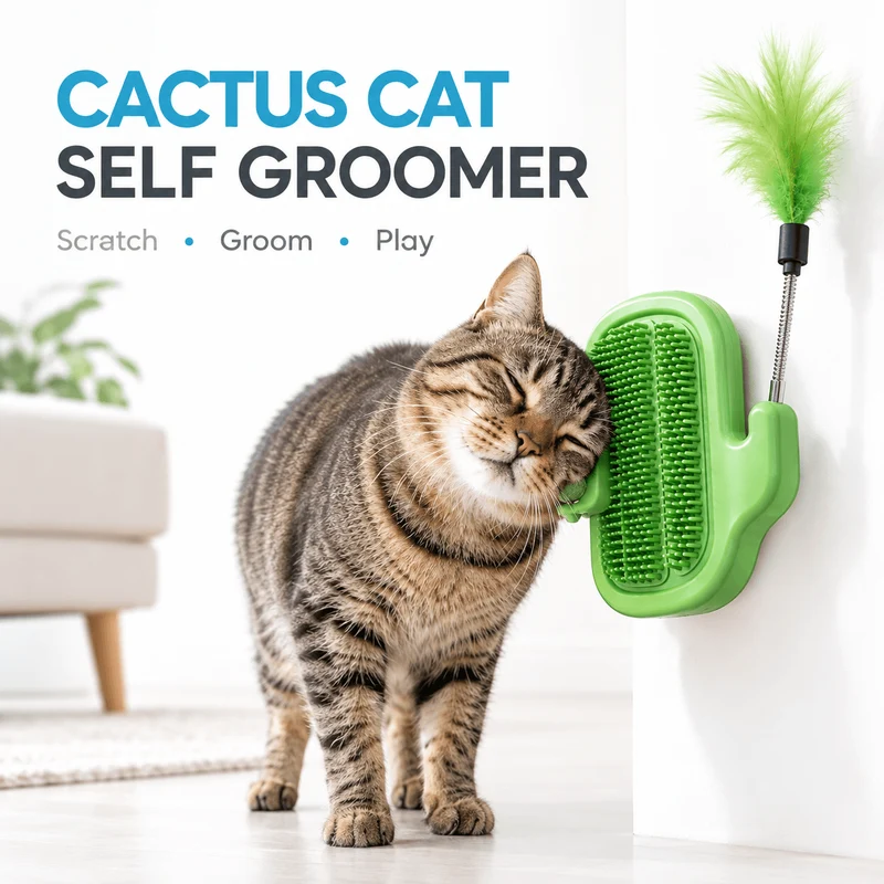 3-in-1 Cactus Cat Corner Groomer with Catnip Ball & Feather Teaser
