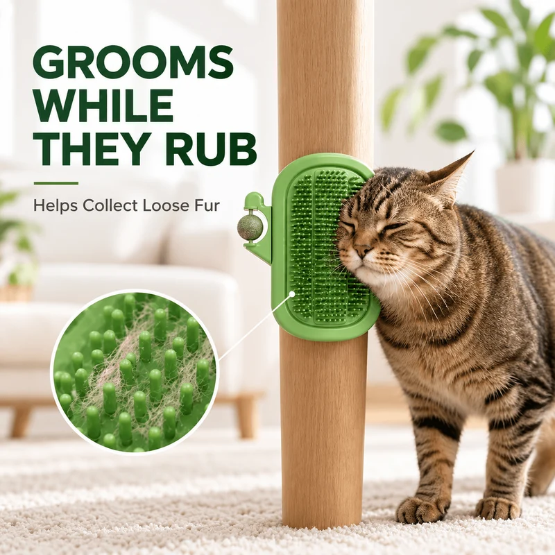 3-in-1 Cactus Cat Corner Groomer with Catnip Ball & Feather Teaser