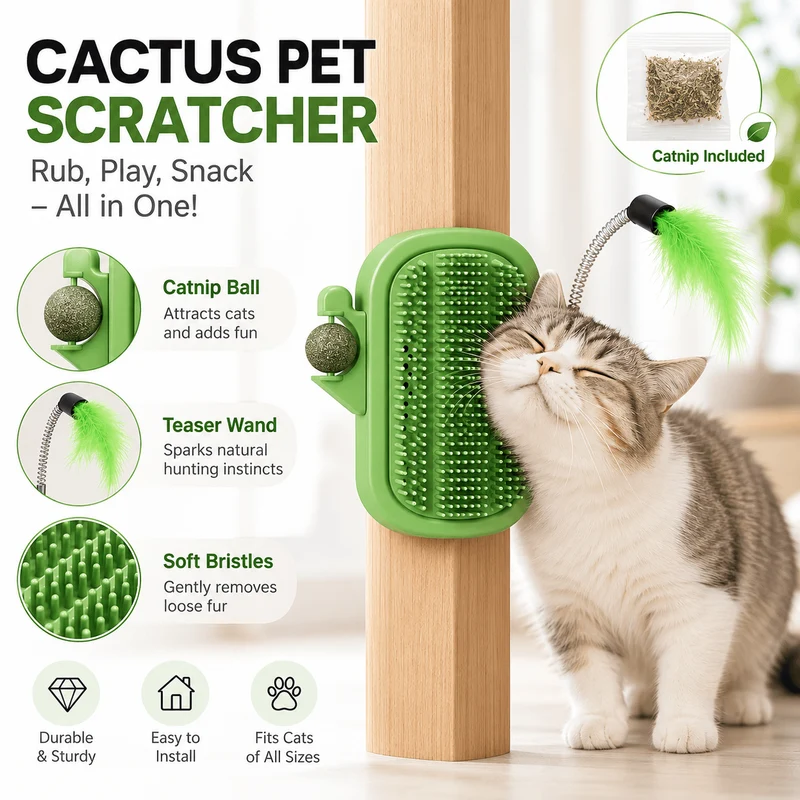 3-in-1 Cactus Cat Corner Groomer with Catnip Ball & Feather Teaser