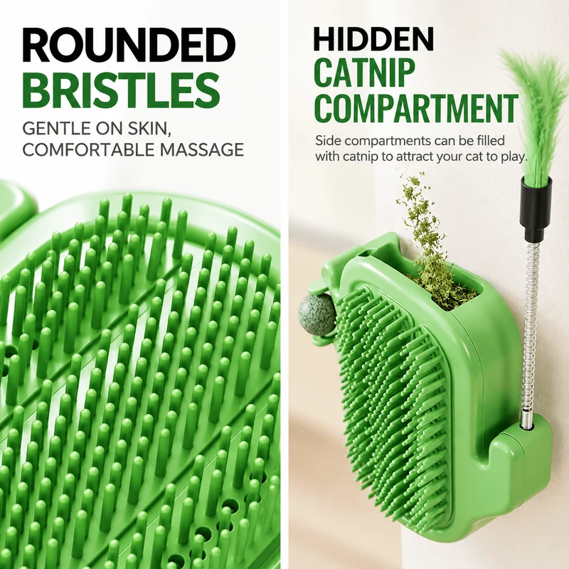 3-in-1 Cactus Cat Corner Groomer with Catnip Ball & Feather Teaser