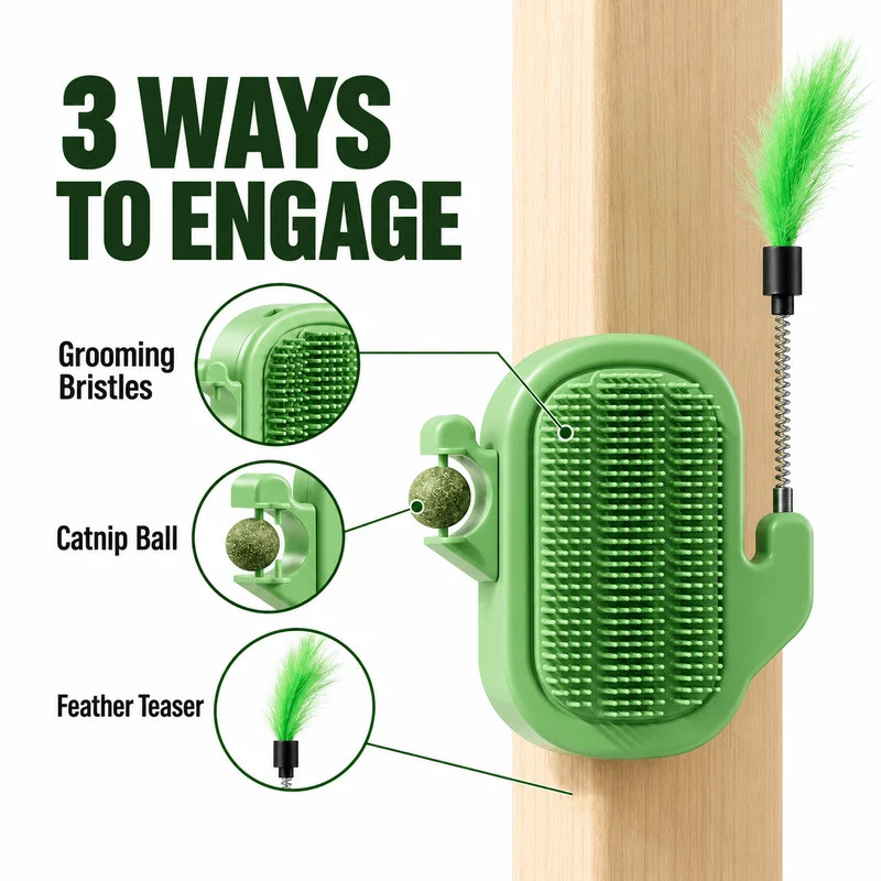 3-in-1 Cactus Cat Corner Groomer with Catnip Ball & Feather Teaser