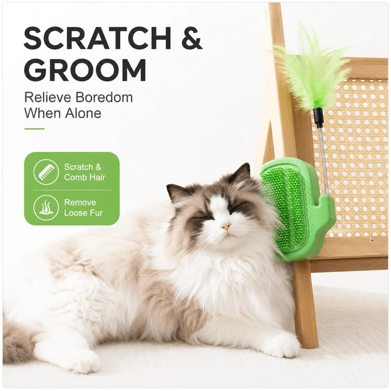 3-in-1 Cactus Cat Corner Groomer with Catnip Ball & Feather Teaser