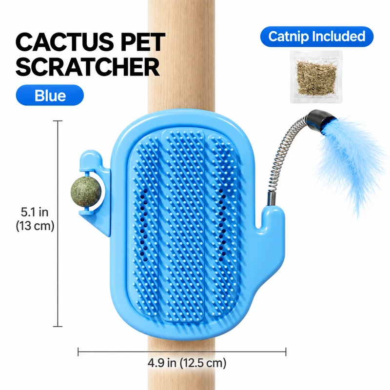 3-in-1 Cactus Cat Corner Groomer with Catnip Ball & Feather Teaser