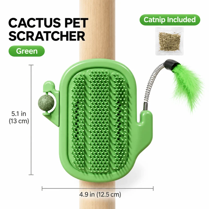 3-in-1 Cactus Cat Corner Groomer with Catnip Ball & Feather Teaser