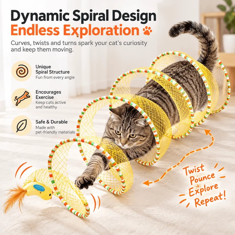 Collapsible Spiral Cat Tunnel Toy with Feathers & Bells
