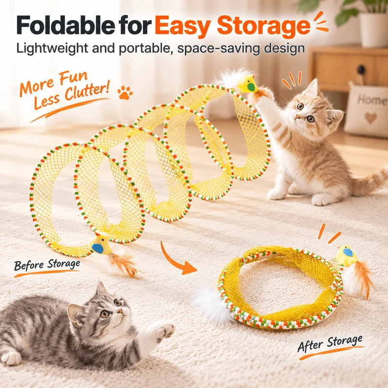 Collapsible Spiral Cat Tunnel Toy with Feathers & Bells