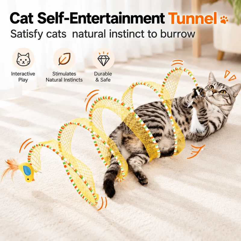 Collapsible Spiral Cat Tunnel Toy with Feathers & Bells