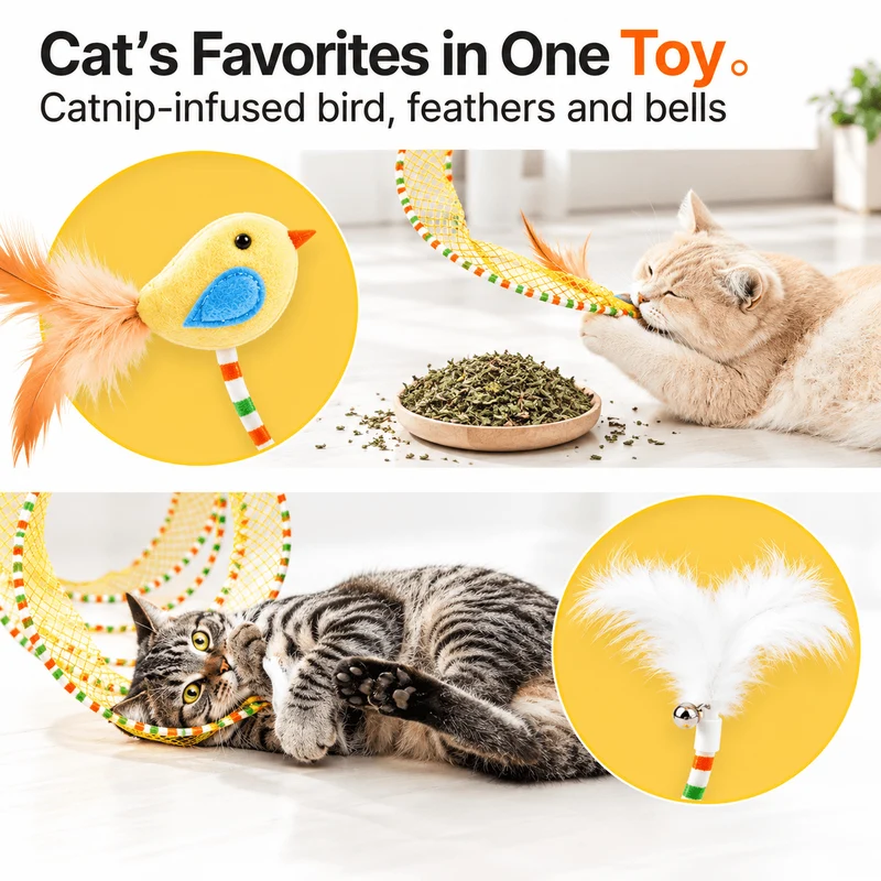 Collapsible Spiral Cat Tunnel Toy with Feathers & Bells