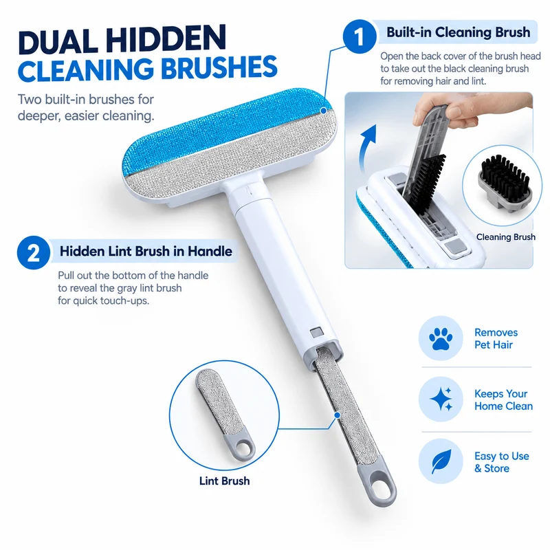 Reusable Pet Hair Remover Brush with 2 Built-In Mini Brushes