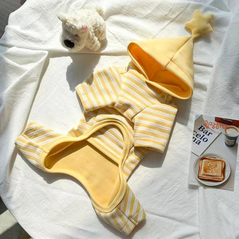 Yellow Striped Pet Pajamas with Star Hood