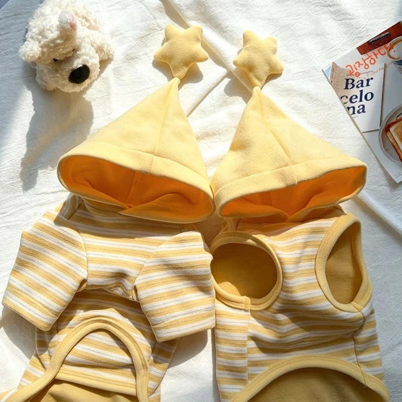 Yellow Striped Pet Pajamas with Star Hood