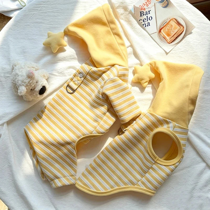 Yellow Striped Pet Pajamas with Star Hood