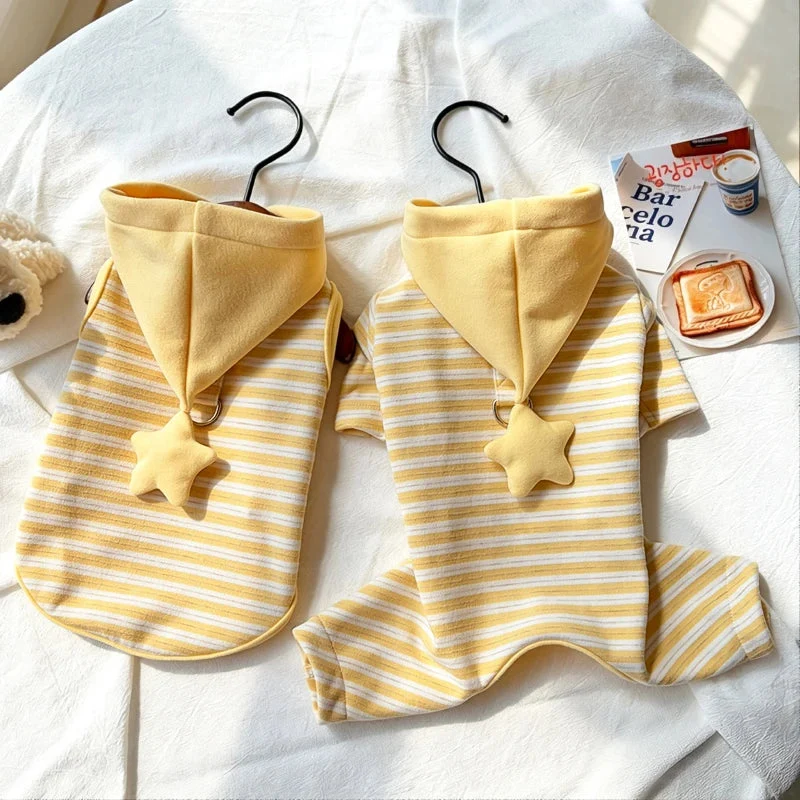 Yellow Striped Pet Pajamas with Star Hood