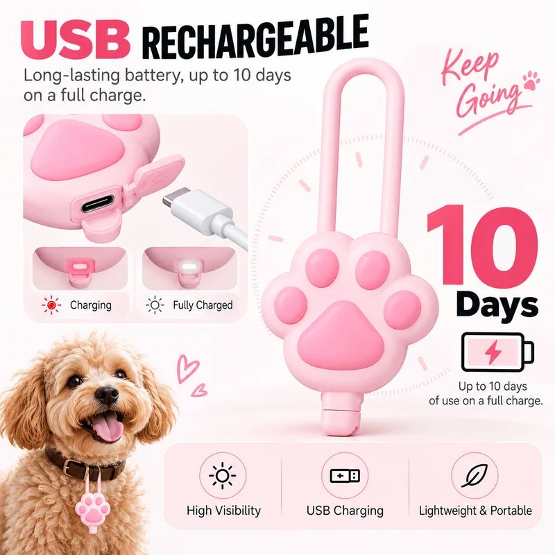 Paw-Shaped LED Pet Collar Light – USB Rechargeable