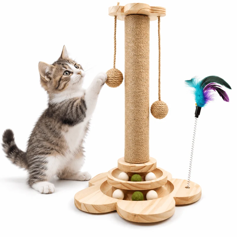 4-in-1 Wooden Cat Scratching Post with Ball Tracks & Feather Toy