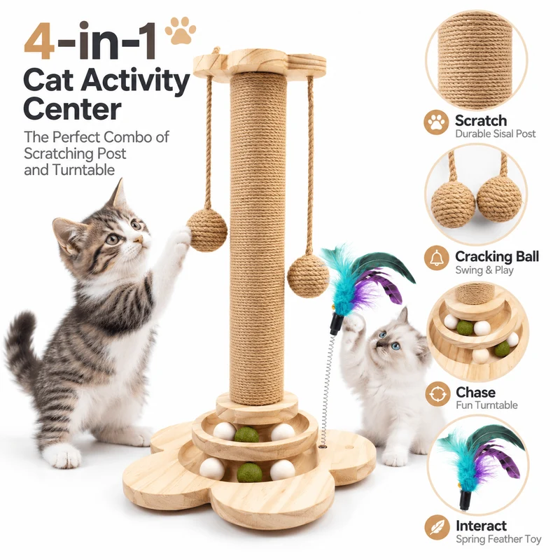 4-in-1 Wooden Cat Scratching Post with Ball Tracks & Feather Toy