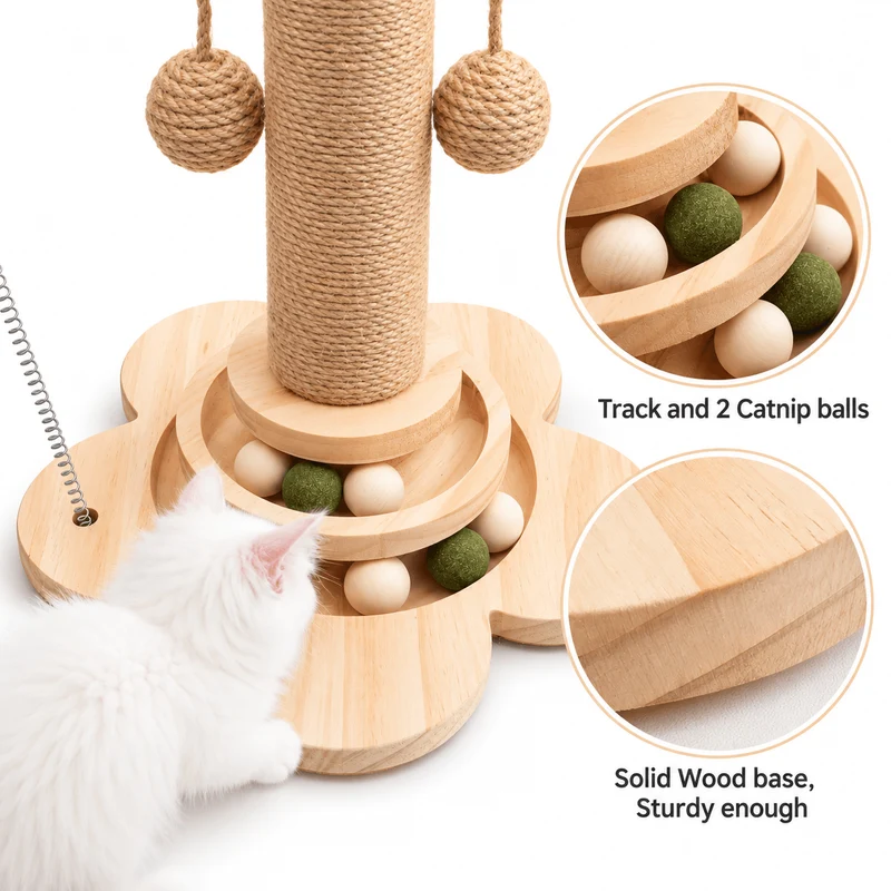 4-in-1 Wooden Cat Scratching Post with Ball Tracks & Feather Toy