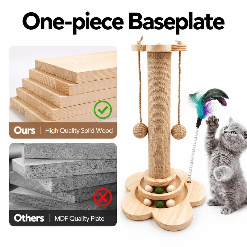 4-in-1 Wooden Cat Scratching Post with Ball Tracks & Feather Toy