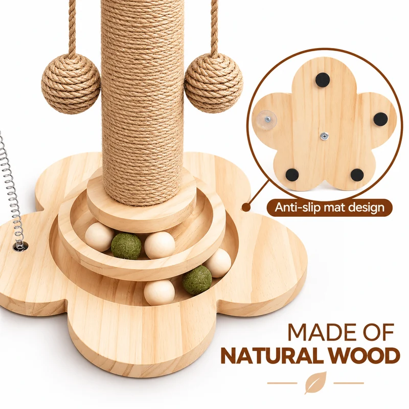 4-in-1 Wooden Cat Scratching Post with Ball Tracks & Feather Toy