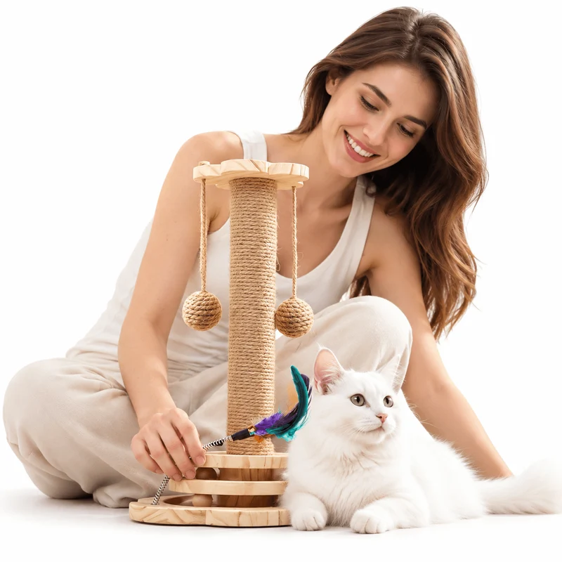 4-in-1 Wooden Cat Scratching Post with Ball Tracks & Feather Toy
