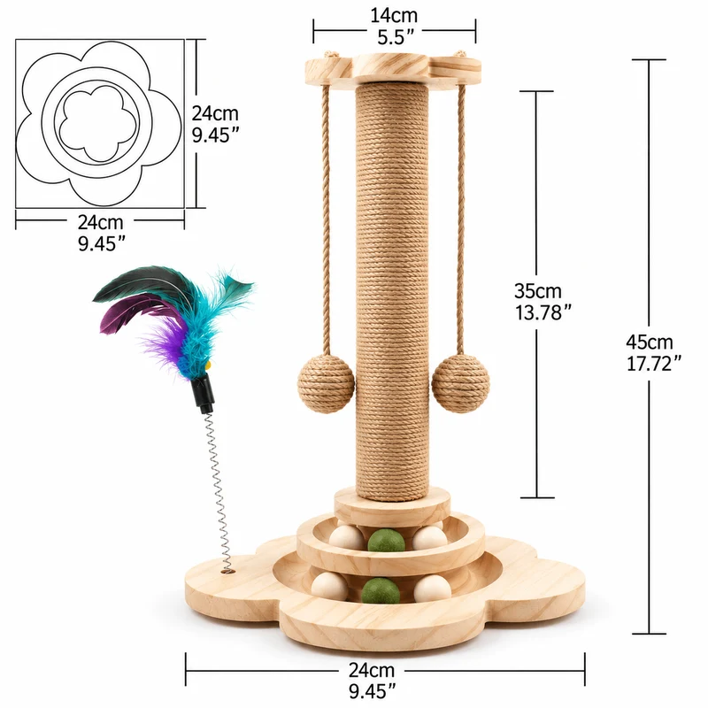 4-in-1 Wooden Cat Scratching Post with Ball Tracks & Feather Toy