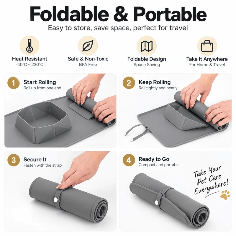 Collapsible Silicone Double Pet Bowl & Feeding Mat