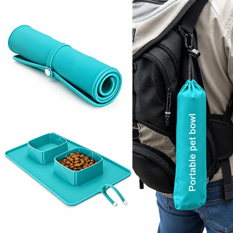 Collapsible Silicone Double Pet Bowl & Feeding Mat