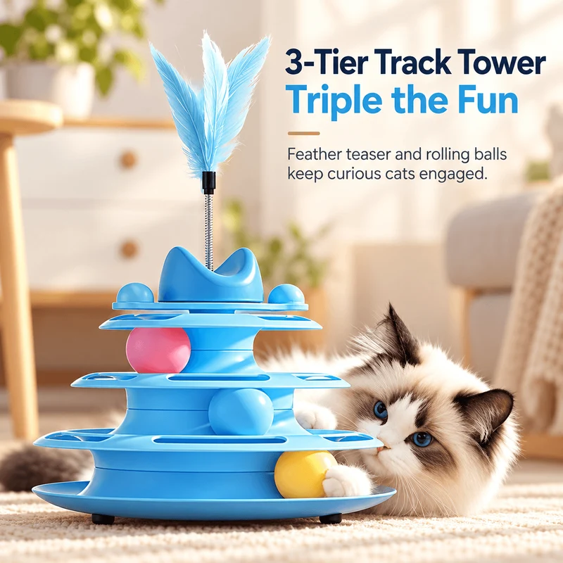 3-Tier Cat Ball Track Toy with Feather Teaser