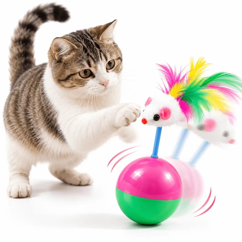 Tumbler Mouse Cat Toy – Wobble Interactive Toy with Sound & Feathers