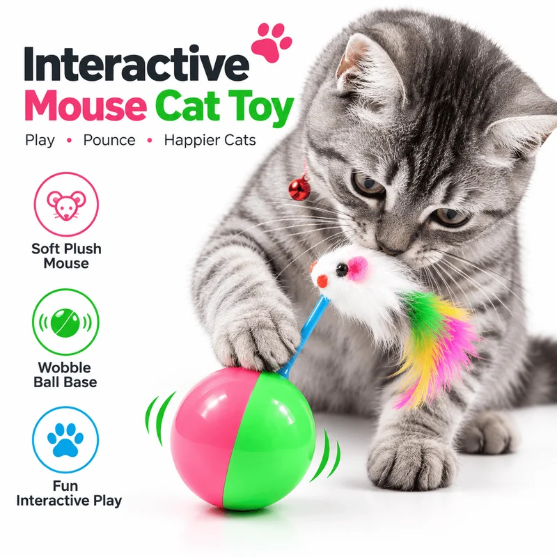 Tumbler Mouse Cat Toy – Wobble Interactive Toy with Sound & Feathers