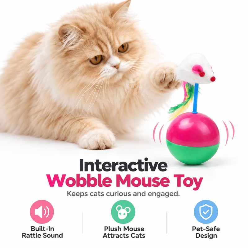 Tumbler Mouse Cat Toy – Wobble Interactive Toy with Sound & Feathers