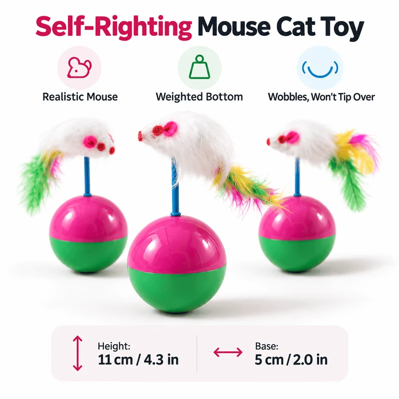 Tumbler Mouse Cat Toy – Wobble Interactive Toy with Sound & Feathers
